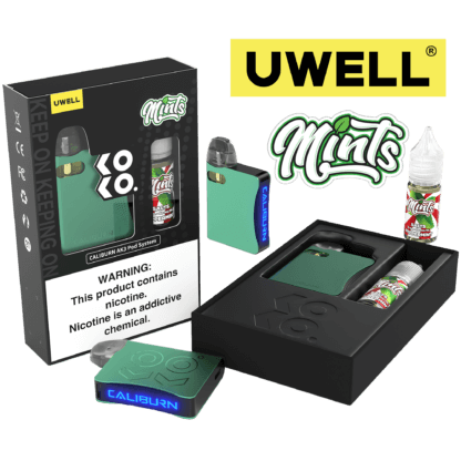 Uwell Caliburn AK3 Kit + A3S 0.8ohm Pods (x2) + Daddy’s Vapor 10mL Salts 50mg | Peppermint with packaging