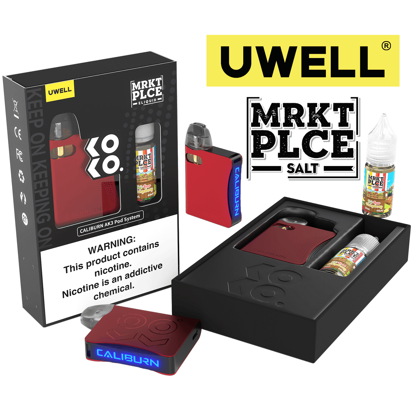 Uwell Caliburn AK3 Kit + Daddy’s Vapor 10mL Salts 50mg | Fuji Pear Mangoberry with Packaging