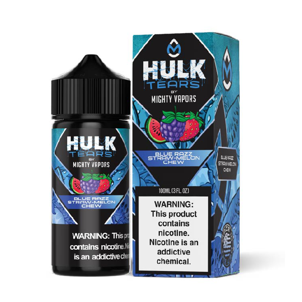 Hulk Tears Series E-Liquid 100mL (Freebase) - Hulk Tears Blue Razz Straw-Melon Chew with packaging