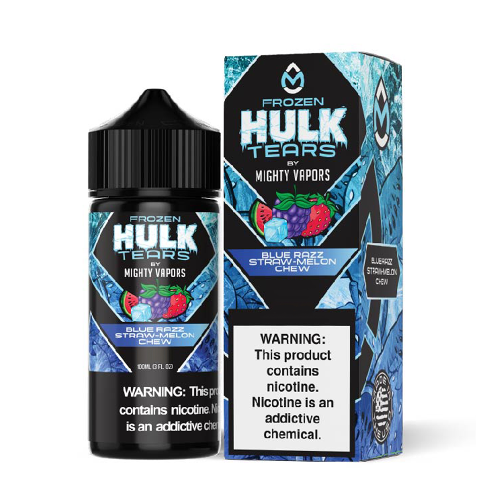 Hulk Tears Series E-Liquid 100mL (Freebase) - Frozen Blue Razz Straw-Melon Chew with packaging