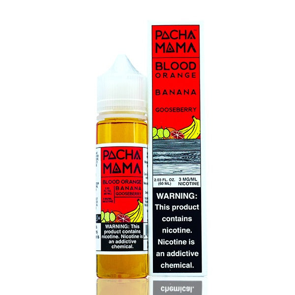 Pachamama TFN Series E-Liquid 60mL (Freebase) | Blood Orange Banana Gooseberry with packaging