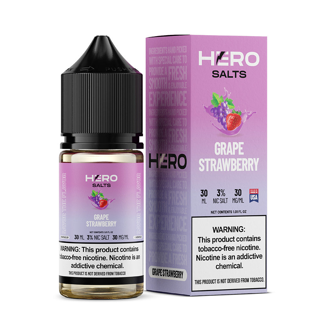 Hero E-Liquid 30mL (Salts) | 30mg Grape Strawberry with packaging