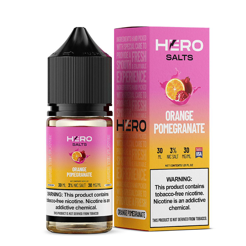 Hero E-Liquid 30mL (Salts) | 30mg Orange Pomegranate with packaging